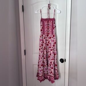 Starivy L Red Pink White Floral Cotton Maxi Dress Sleeveless Square Neck
